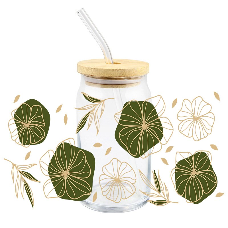м ƼĿ UV DTF Transfer Golden Flower Green Leaf For The Libby Glasses Wraps Easy To Use DIY   Į